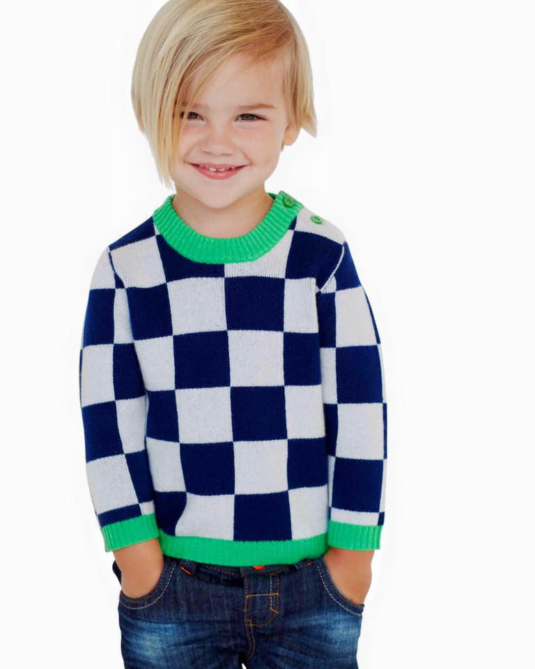 Atelier/Child - Boys Merino Cashmere Blend Checkers Sweater, Navy/Green