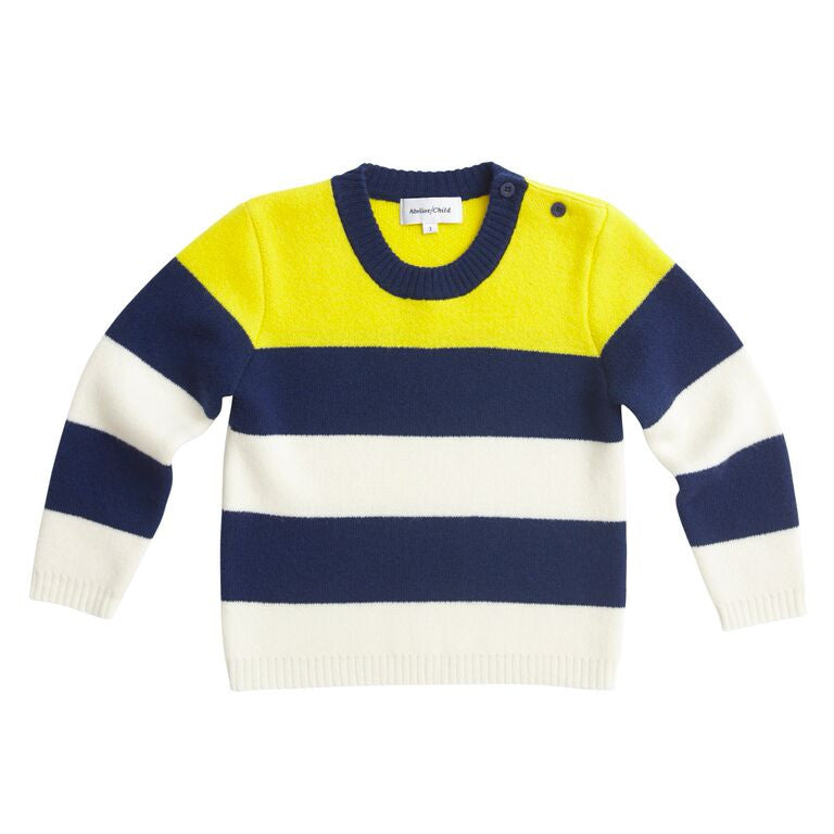 Atelier/Child - Boys Cashmere Blend Stripes Sweater, Navy Yellow