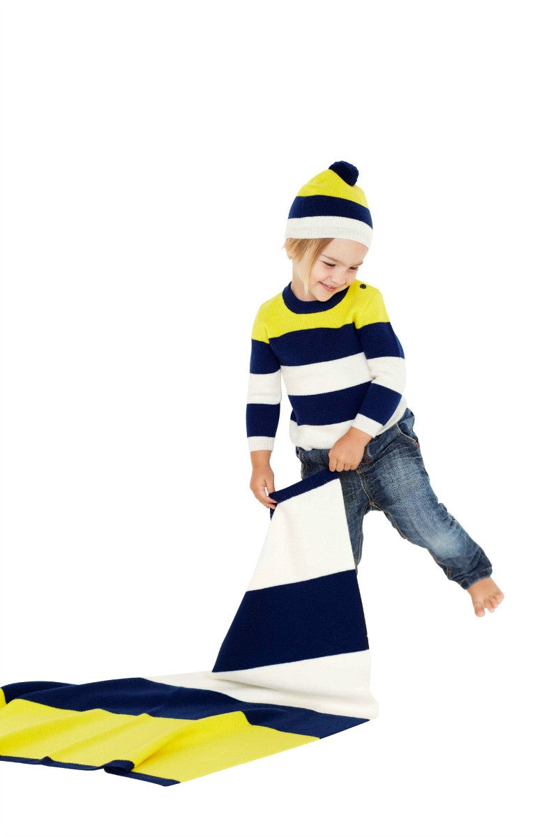 Atelier/Child - Boys Cashmere Blend Stripes Sweater, Navy Yellow