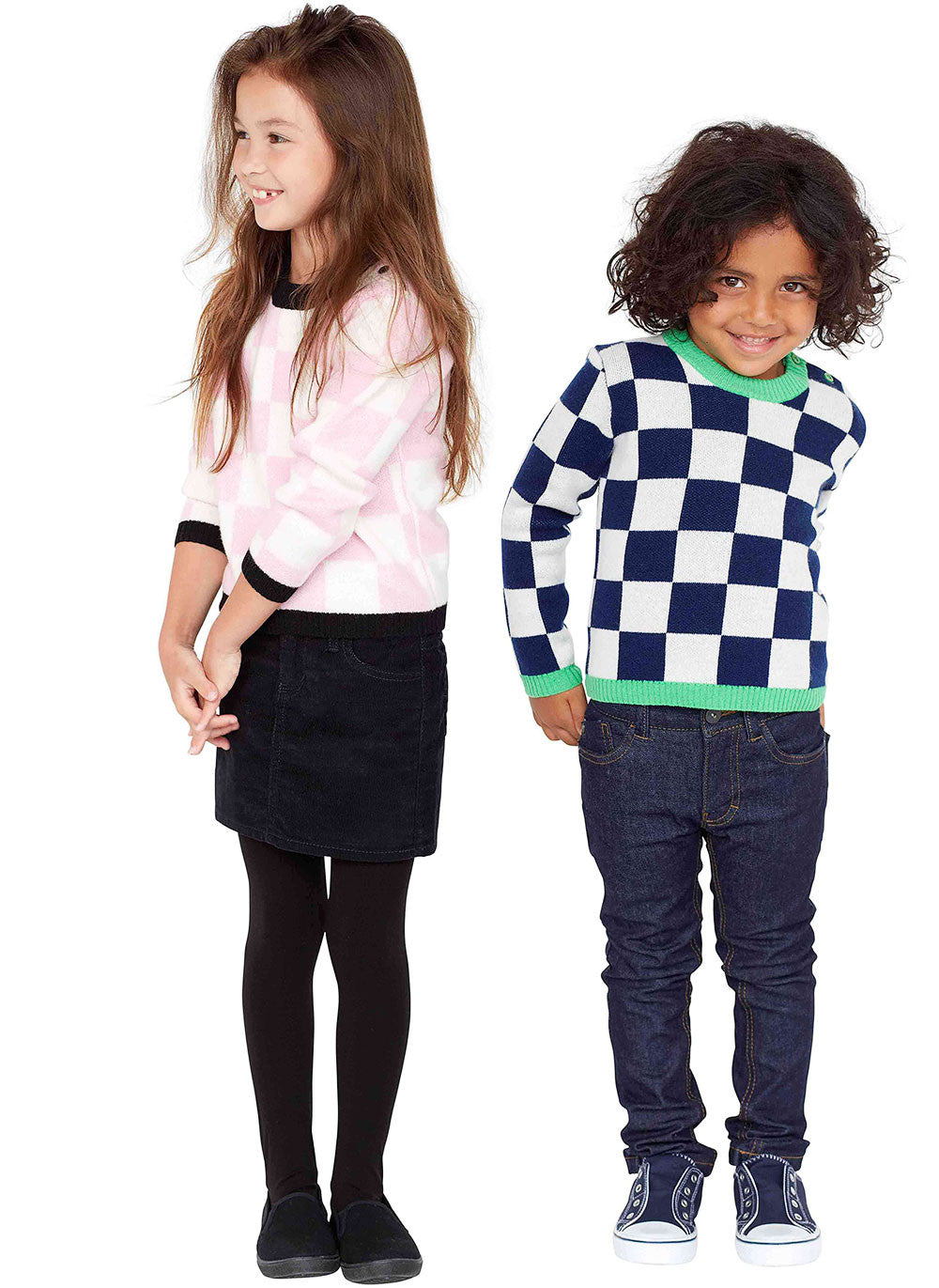 Atelier/Child - Boys Merino Cashmere Blend Checkers Sweater, Navy/Green