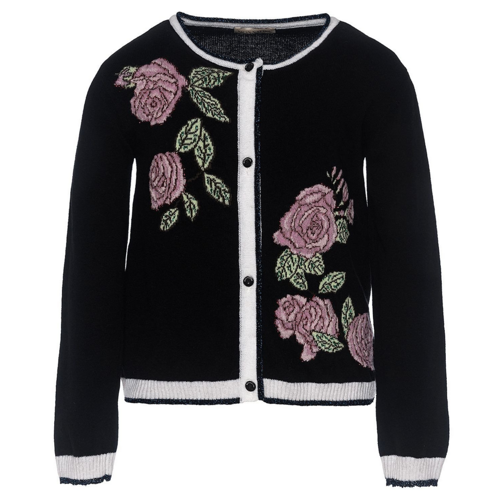 MONNALISA - Black Cardigan With Rose Intrasia