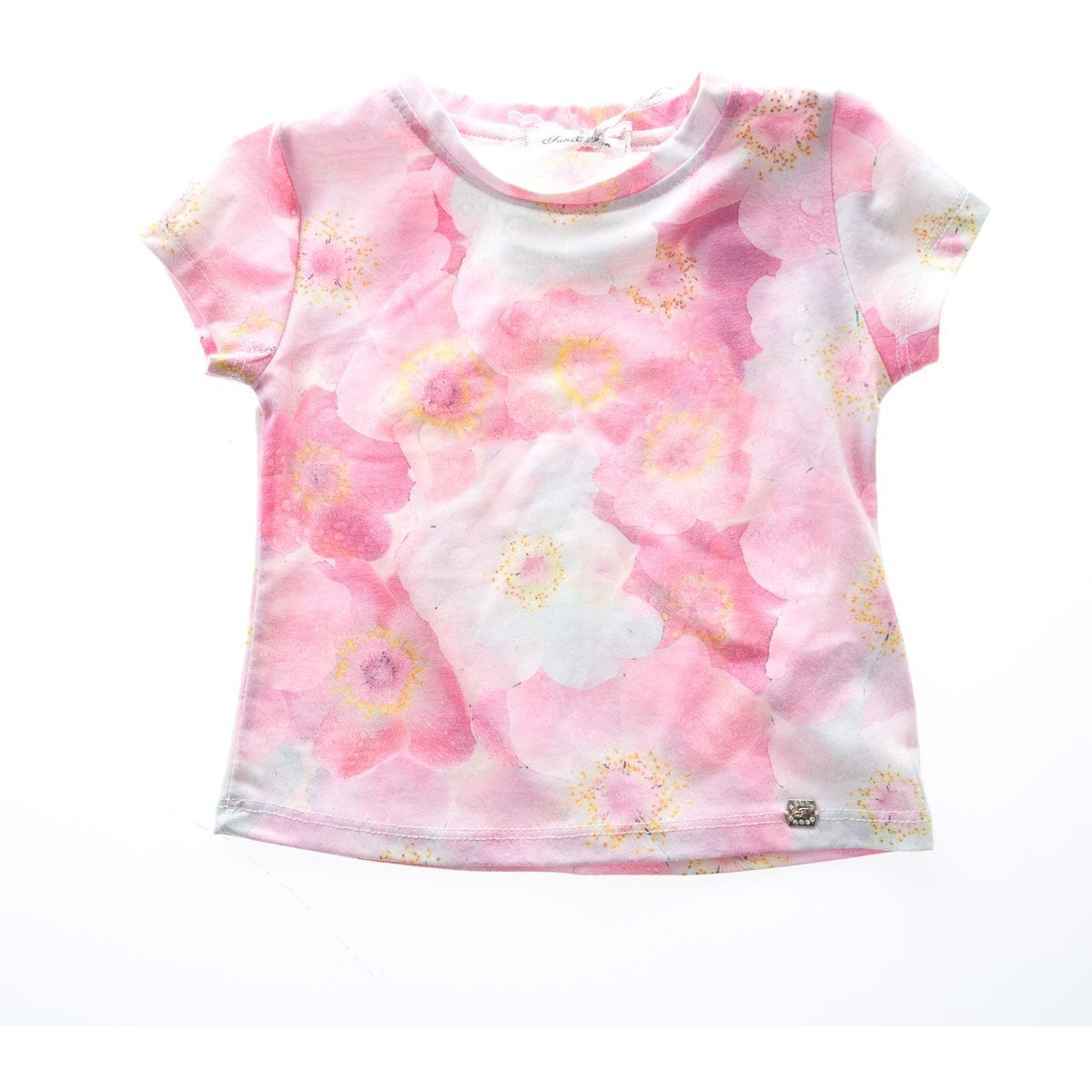 Fun&Fun - Girl Basic Short Sleeve T-Shirt With Flower Design, Pink