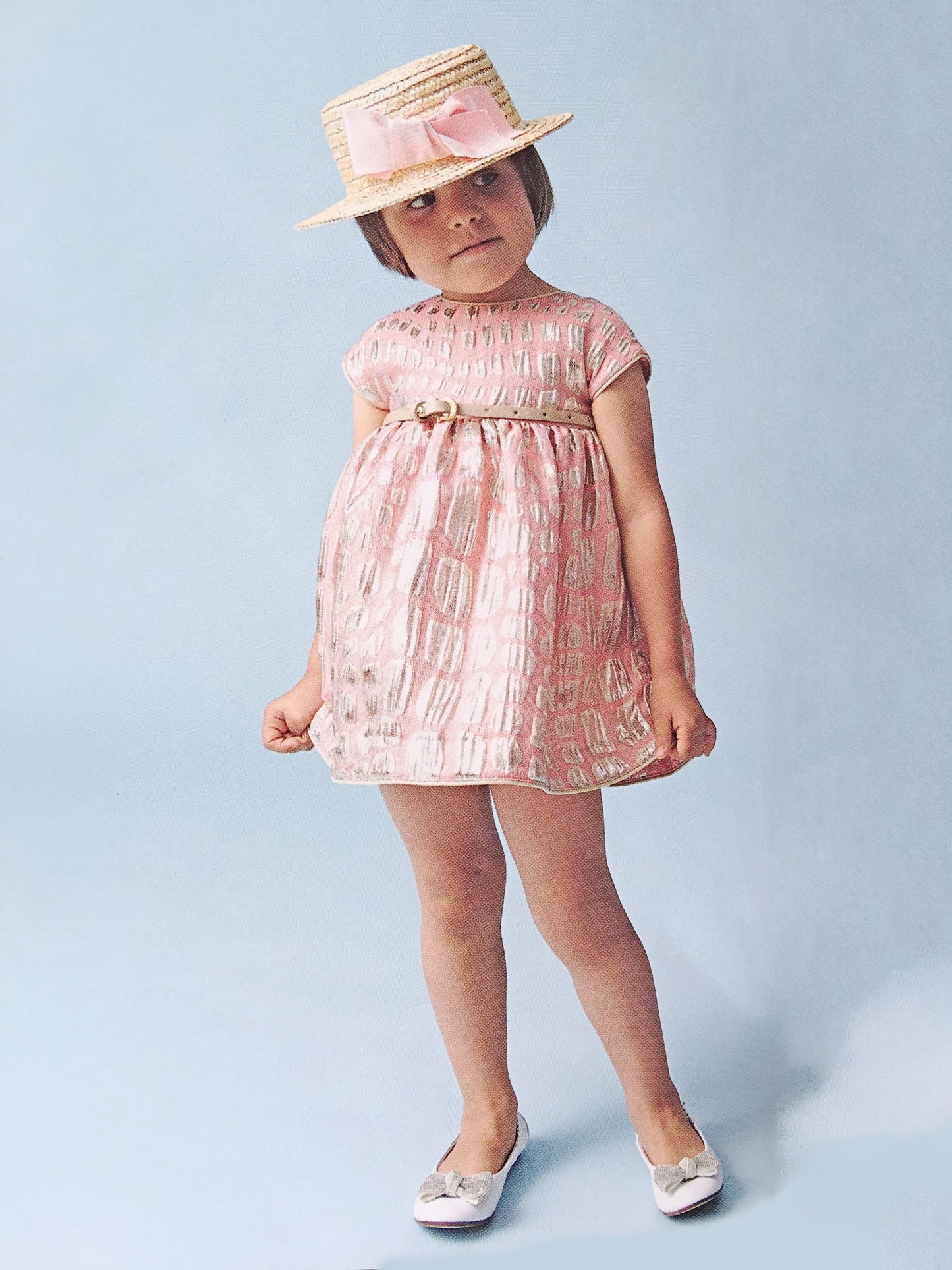 MiMiSol - Baby Girls Peach and Gold Belted Party Dress