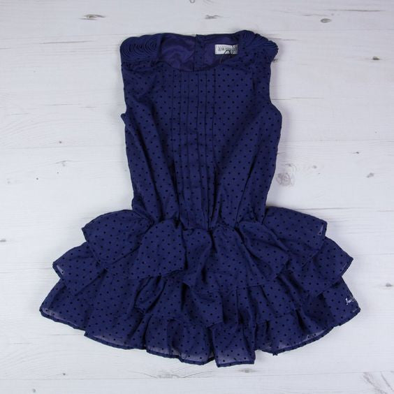 Jean Bourget - Girls Navy Micro Dot Tiered Flounce Ruffle Dress, Navy