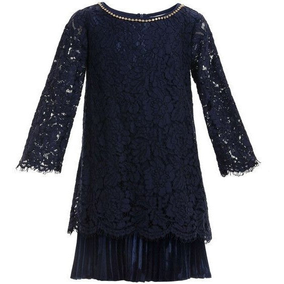 Monnalisa - Girls Fashion Scalloped Lace Dress, Blu Navy