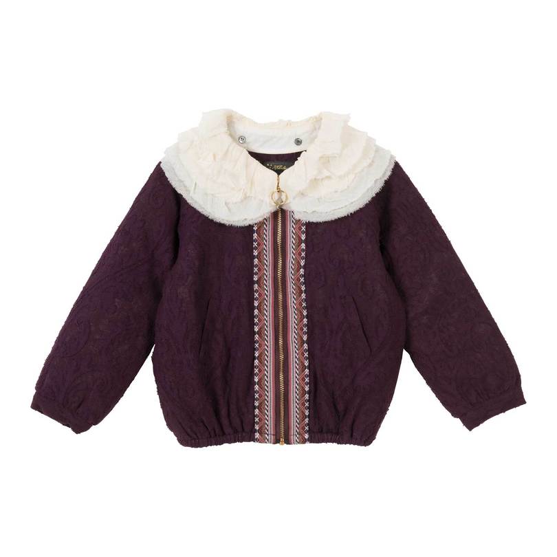 VELVETEEN - Nina Jacket, Damsen Jacquard Bomber with Removable Collar in Berry