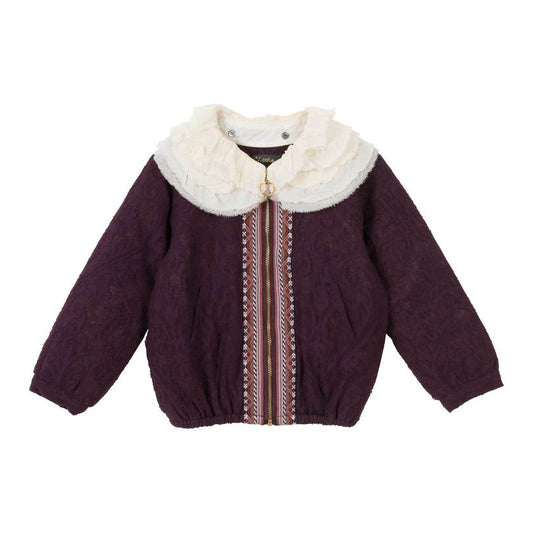 VELVETEEN - Nina Jacket, Damsen Jacquard Bomber with Removable Collar in Berry
