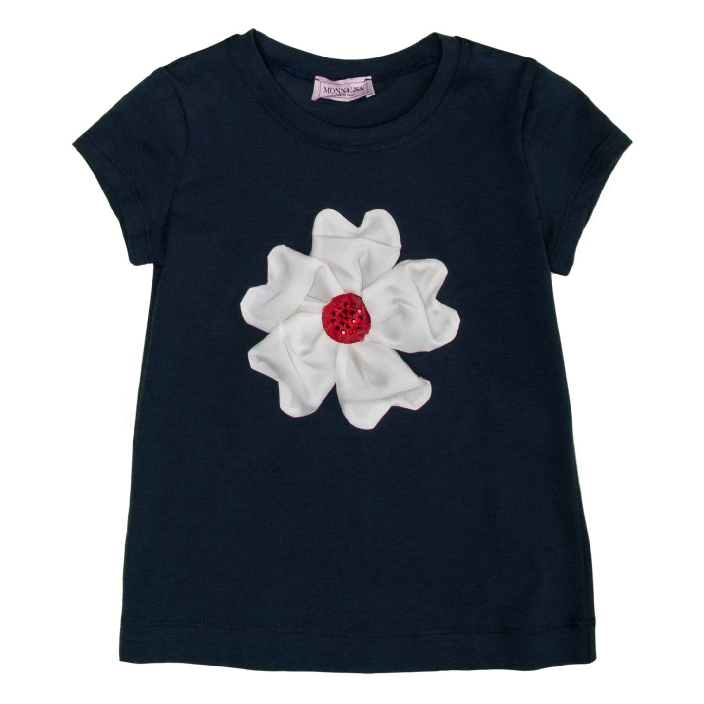 Monnalisa - Girls Flower Short Sleeve T-Shirt, Navy - 5Y