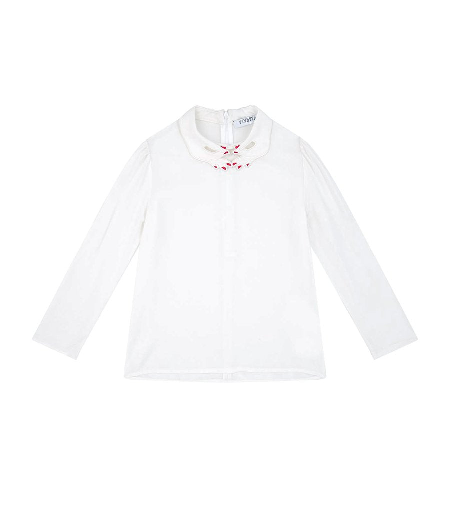 VIVETTA Kids Bacio Blouse Top with Ruched Puff Shoulders and Embroidered Hand Collar in White